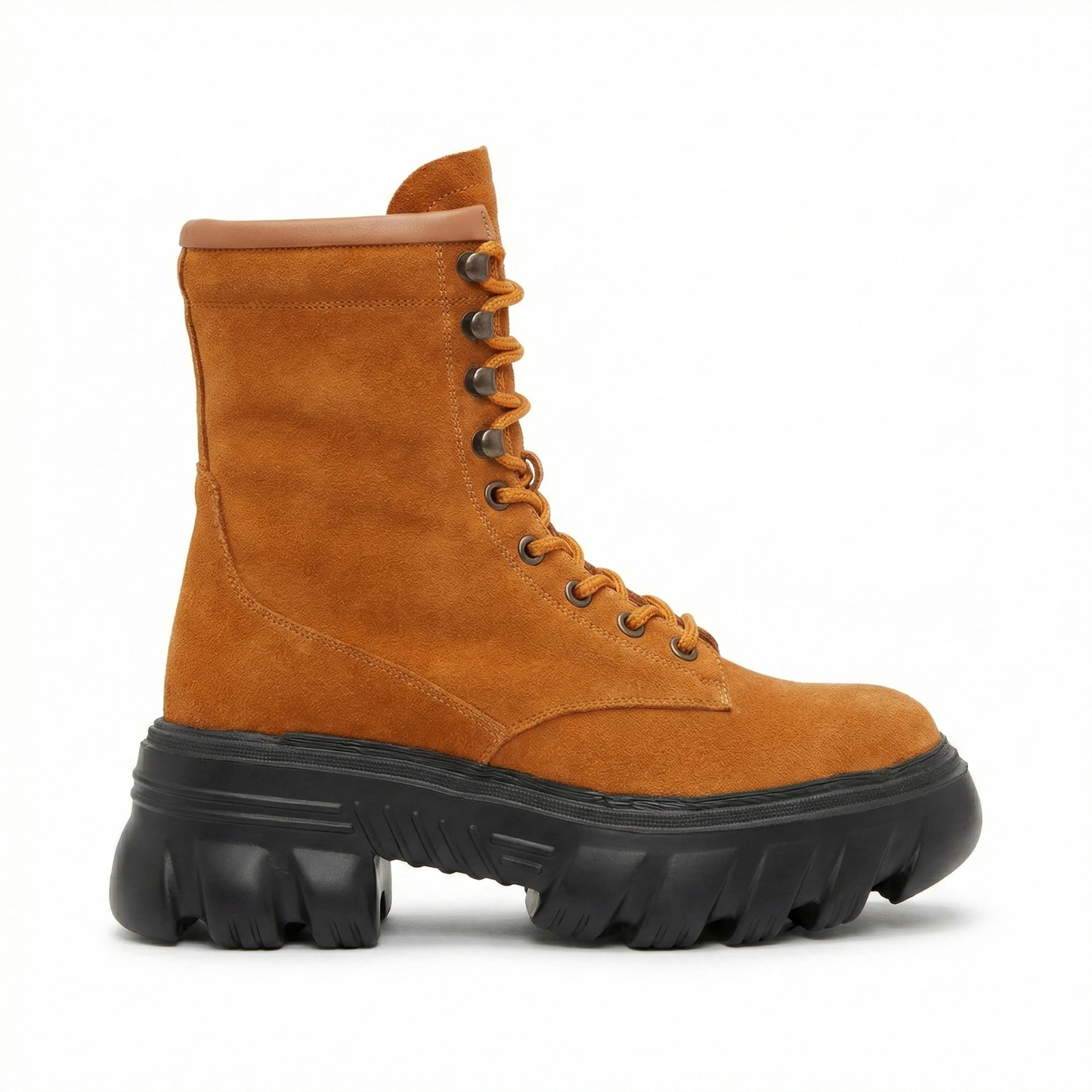 Tan Suede Chunky Platform Combat Boots - Handmade Genuine Leather