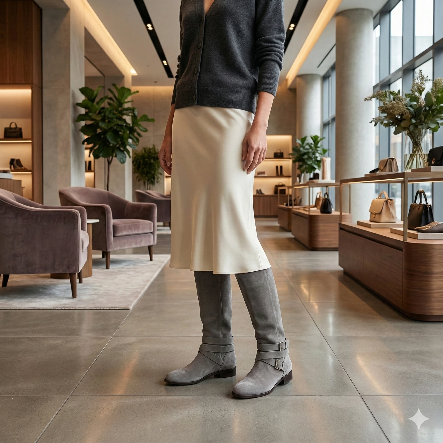 Grey Suede Knee-High Boots - Handcrafted Strapped Long Boots