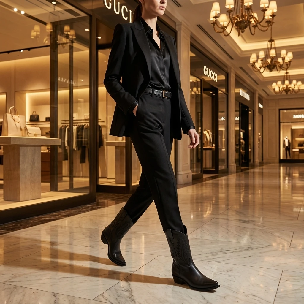 Person in a black suit walking through a luxury mall, wearing black leather Western cowboy boots with decorative stitching.