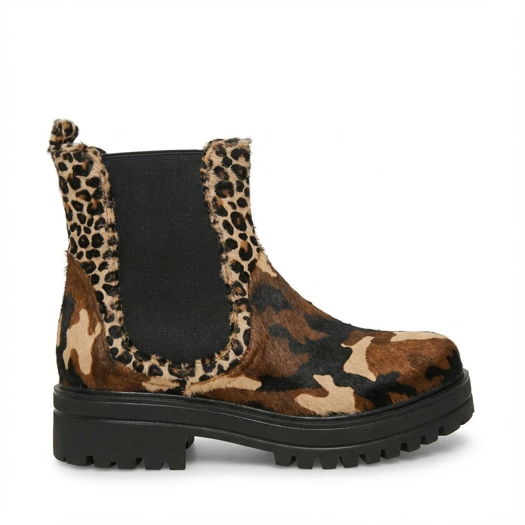 Leopard and camouflage calf-hair Chelsea ankle boot with black elastic panel and chunky lug sole