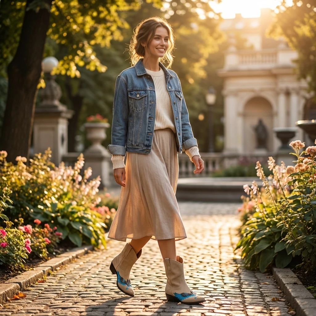 Beige suede Western ankle boots with blue embroidered eagle, worn by woman in denim jacket and walking in a sunlit garden.