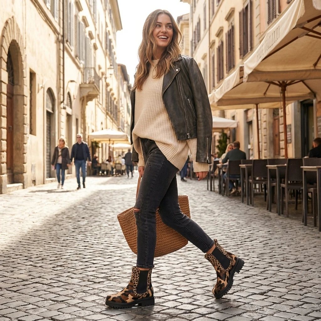 Woman walking on cobblestone street wearing camouflage and leopard-print calf hair Chelsea boots with chunky lug sole.