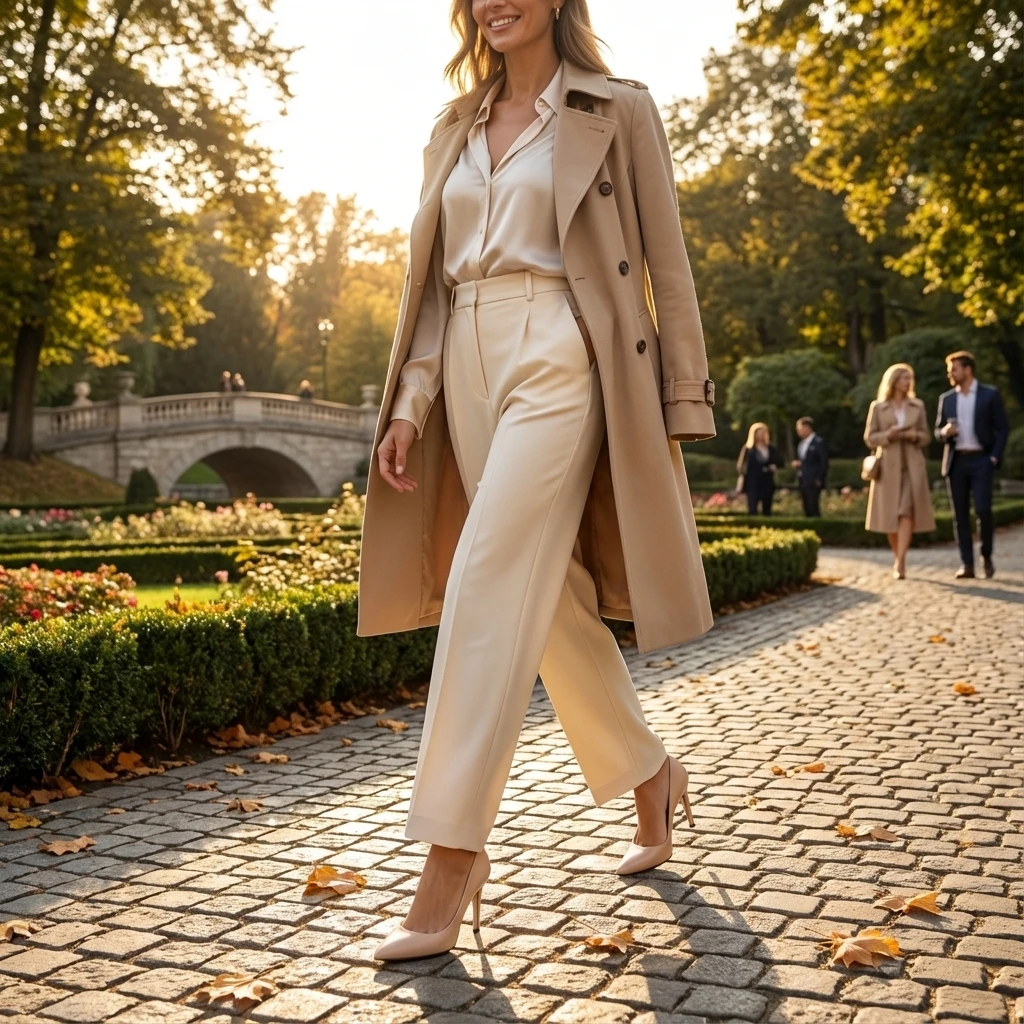 Woman in beige trench coat over cream tailored suit walking on cobblestone path in nude pointed-toe stiletto pumps.