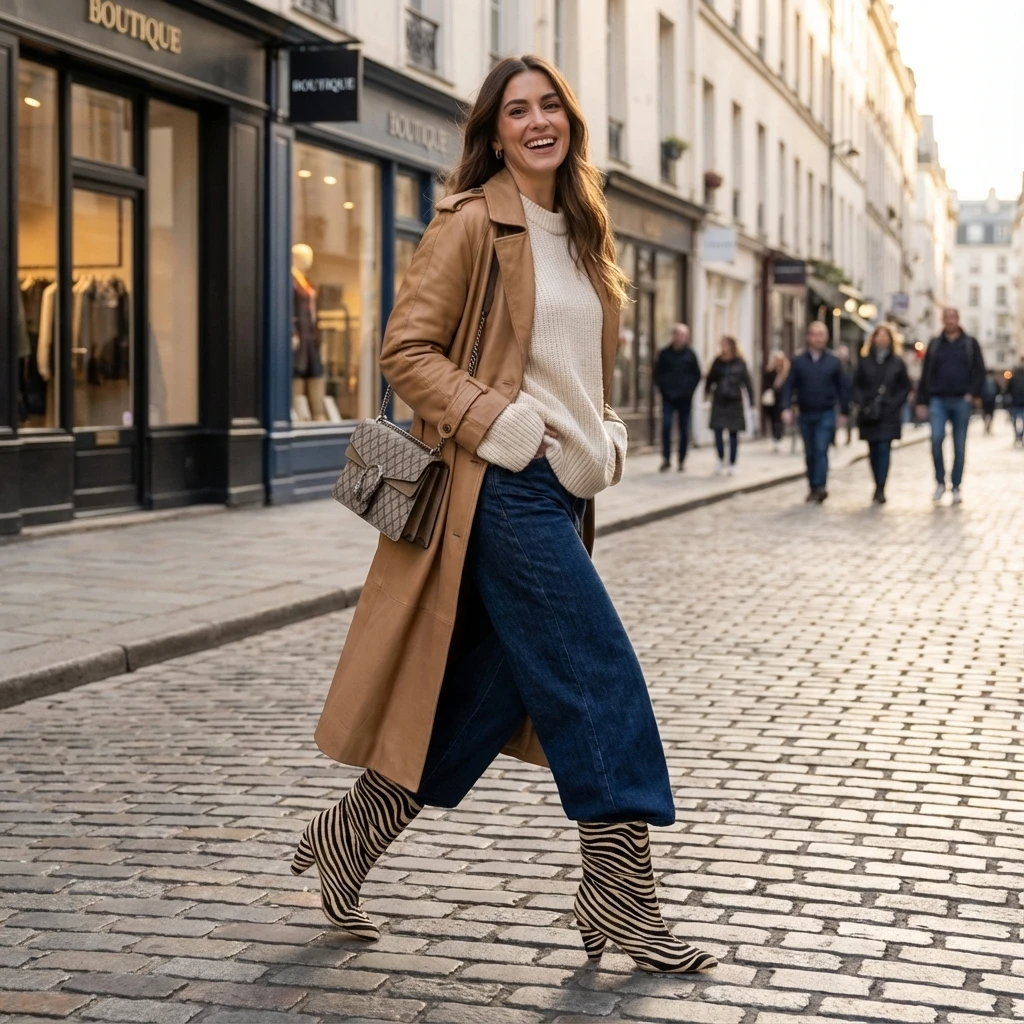 Woman walking on cobblestones in camel trench, cream sweater, wide-leg jeans, and zebra-print mid-calf heeled boots.
