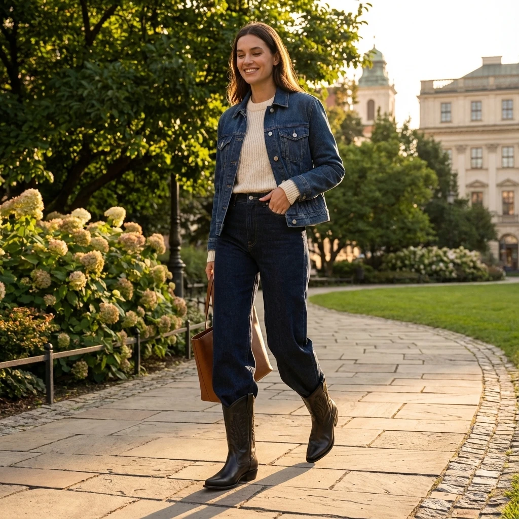 Woman in denim jacket and dark jeans wearing black leather classic western cowboy boots, walking along a sunlit park path.