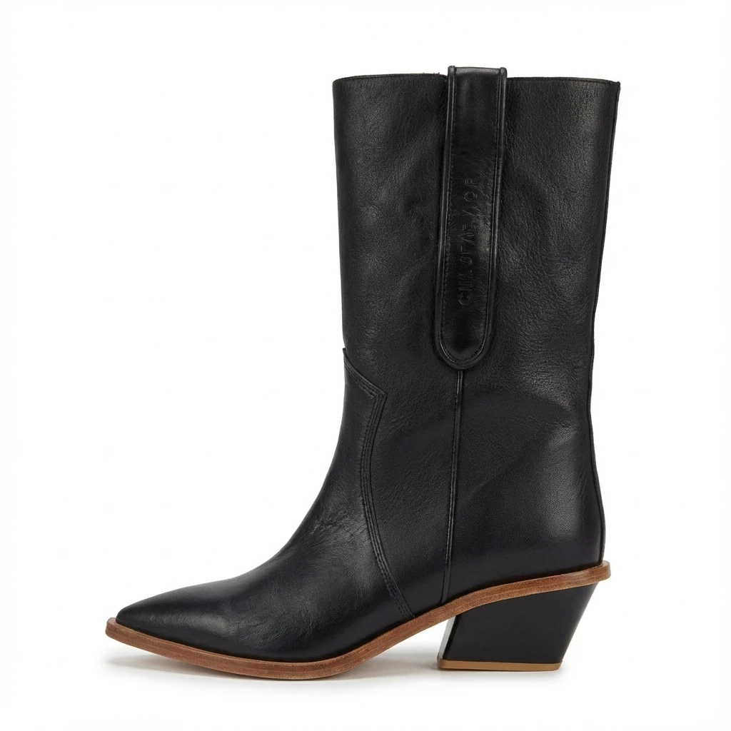 Black leather Western mid-calf boot with pointed toe, vertical seam, pull-tab at shaft, and tan-edged block heel.